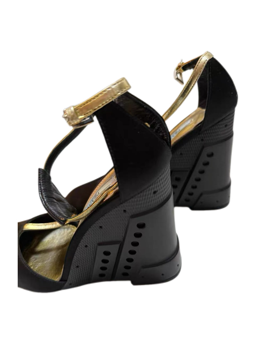 Prada FW2014 Mechanical Wedge Heels Black Gold Futuristic Runway Shoes Archive Platform Pumps