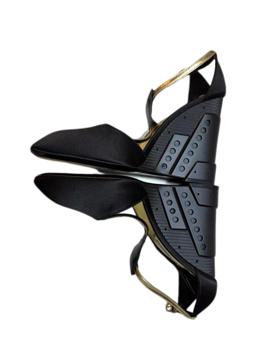 Prada FW2014 Mechanical Wedge Heels Black Gold Futuristic Runway Shoes Archive Platform Pumps