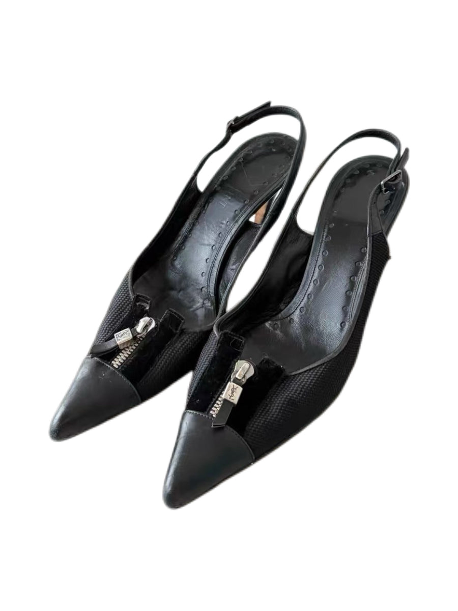 Yves Saint Laurent Vintage Zip-Detail Pointed Slingback Heels – Black Mesh & Leather Archive Pumps