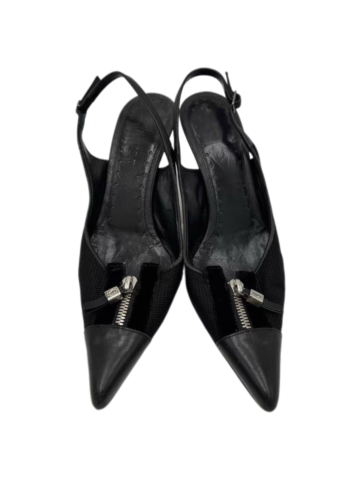 Yves Saint Laurent Vintage Zip-Detail Pointed Slingback Heels – Black Mesh & Leather Archive Pumps