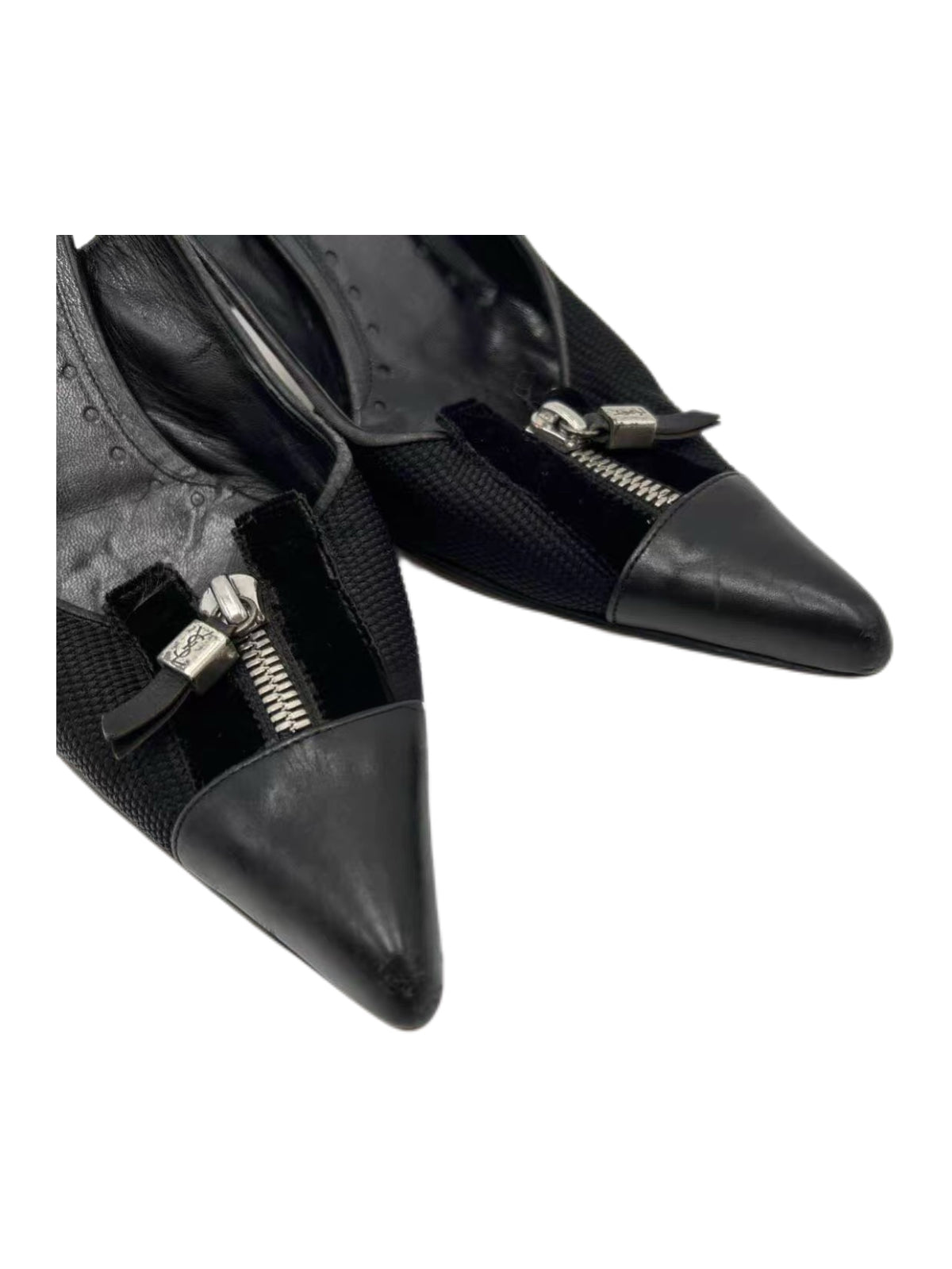 Yves Saint Laurent Vintage Zip-Detail Pointed Slingback Heels – Black Mesh & Leather Archive Pumps