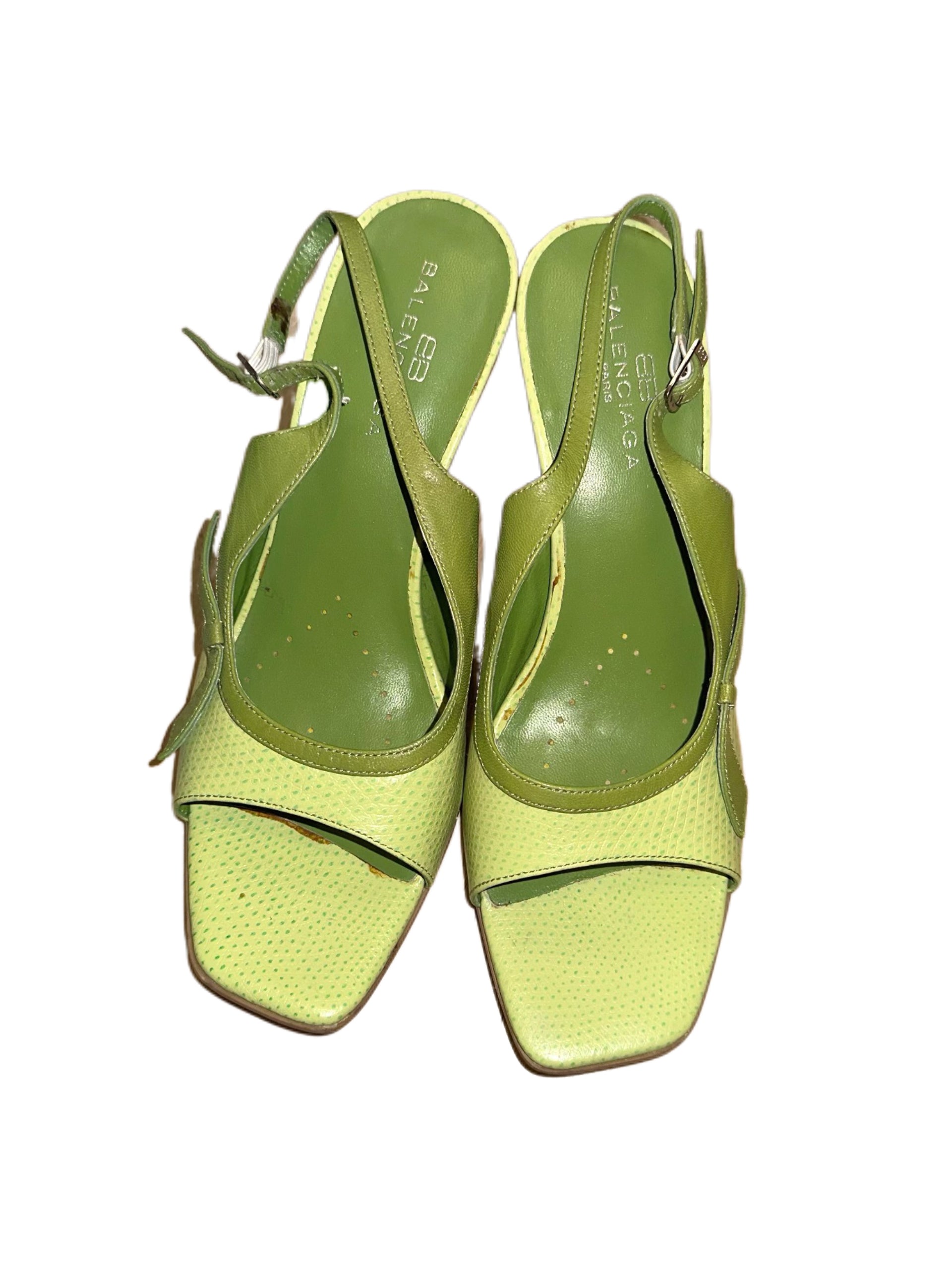 Balenciaga Vintage Lime Green Perforated Leather Wedge Heels – Rare Archive Slingback Sandals