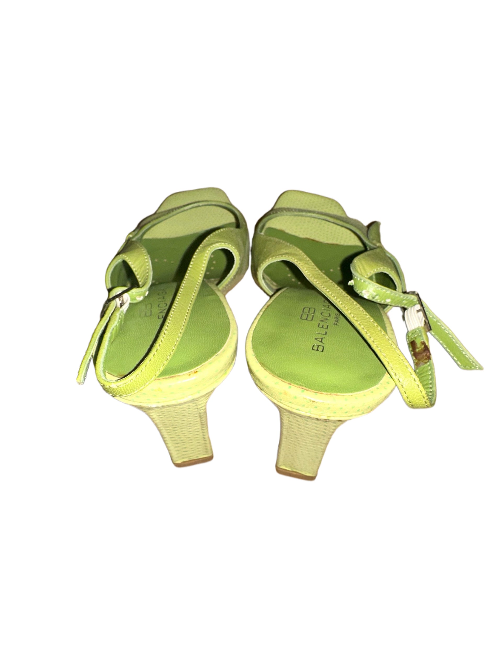 Balenciaga Vintage Lime Green Perforated Leather Wedge Heels – Rare Archive Slingback Sandals