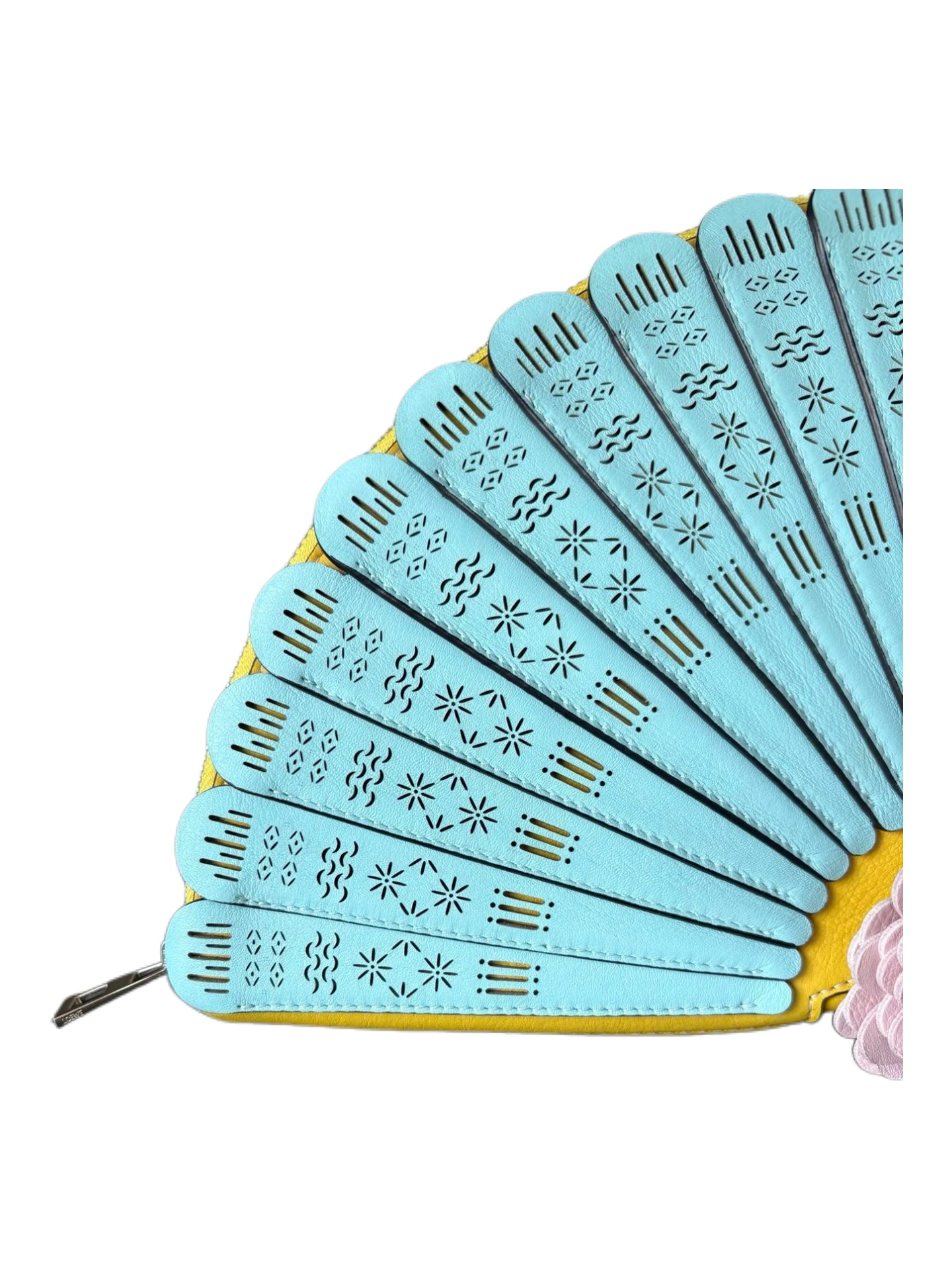 Loewe Floral Fan Leather Clutch Bag – Rare Sky Blue & Pastel Yellow Sculptural Archive Piece