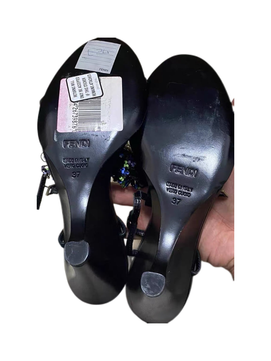 Fendi Vintage Hand-Beaded Wedge Sandals Rare Archive Sculptural Heel Black Leather Embellished Heels
