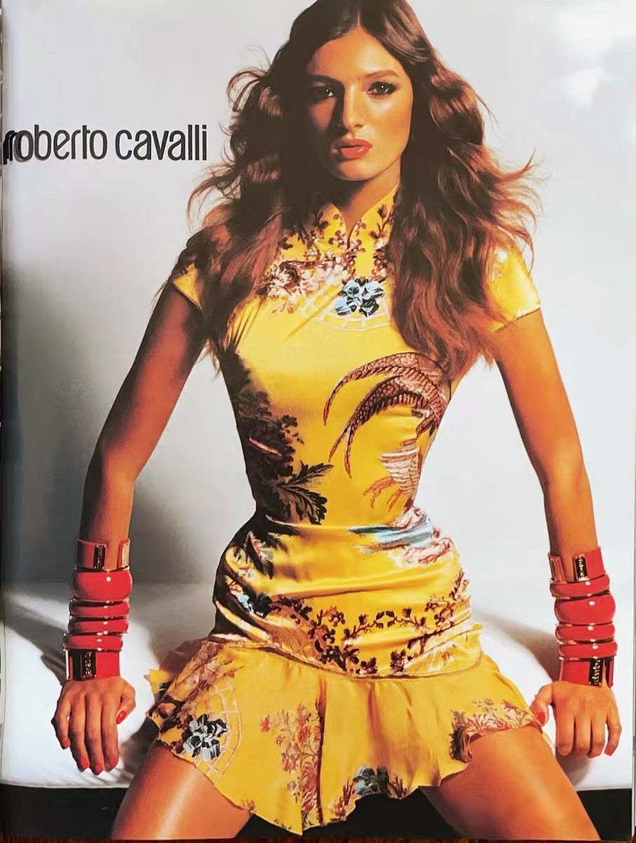 Roberto Cavalli S/S 2003 Runway Yellow Silk Cheongsam Dress Chinese Qipao Phoenix Print Archive Museum Piece