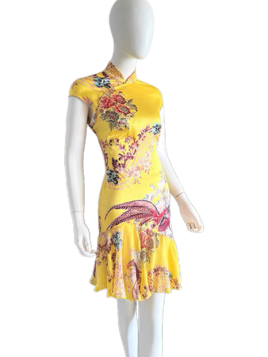 Roberto Cavalli S/S 2003 Runway Yellow Silk Cheongsam Dress Chinese Qipao Phoenix Print Archive Museum Piece