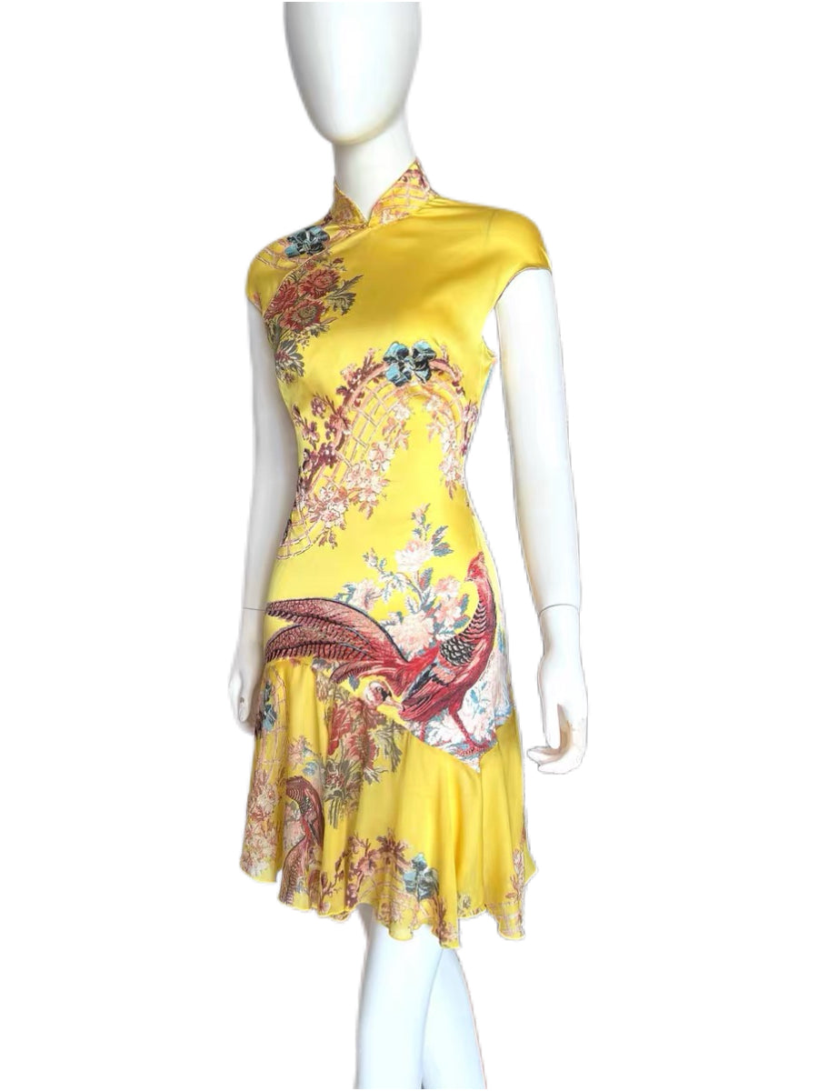 Roberto Cavalli S/S 2003 Runway Yellow Silk Cheongsam Dress Chinese Qipao Phoenix Print Archive Museum Piece