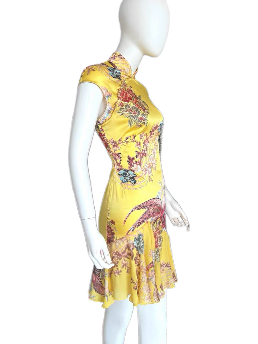 Roberto Cavalli S/S 2003 Runway Yellow Silk Cheongsam Dress Chinese Qipao Phoenix Print Archive Museum Piece