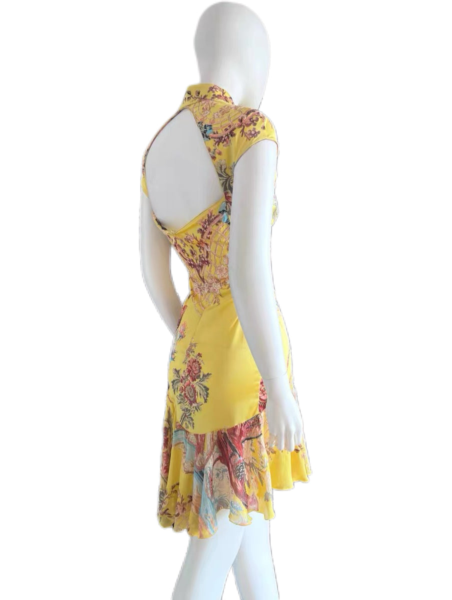 Roberto Cavalli S/S 2003 Runway Yellow Silk Cheongsam Dress Chinese Qipao Phoenix Print Archive Museum Piece