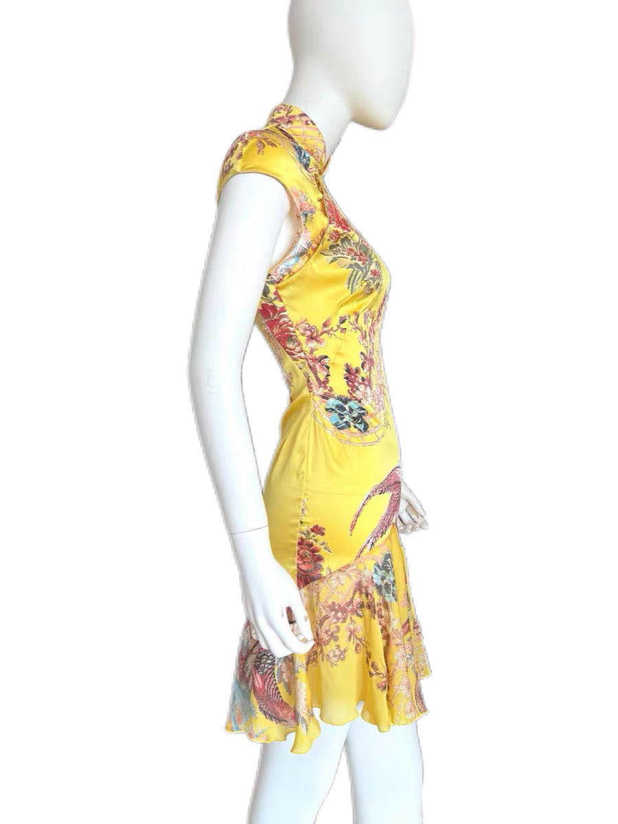 Roberto Cavalli S/S 2003 Runway Yellow Silk Cheongsam Dress Chinese Qipao Phoenix Print Archive Museum Piece