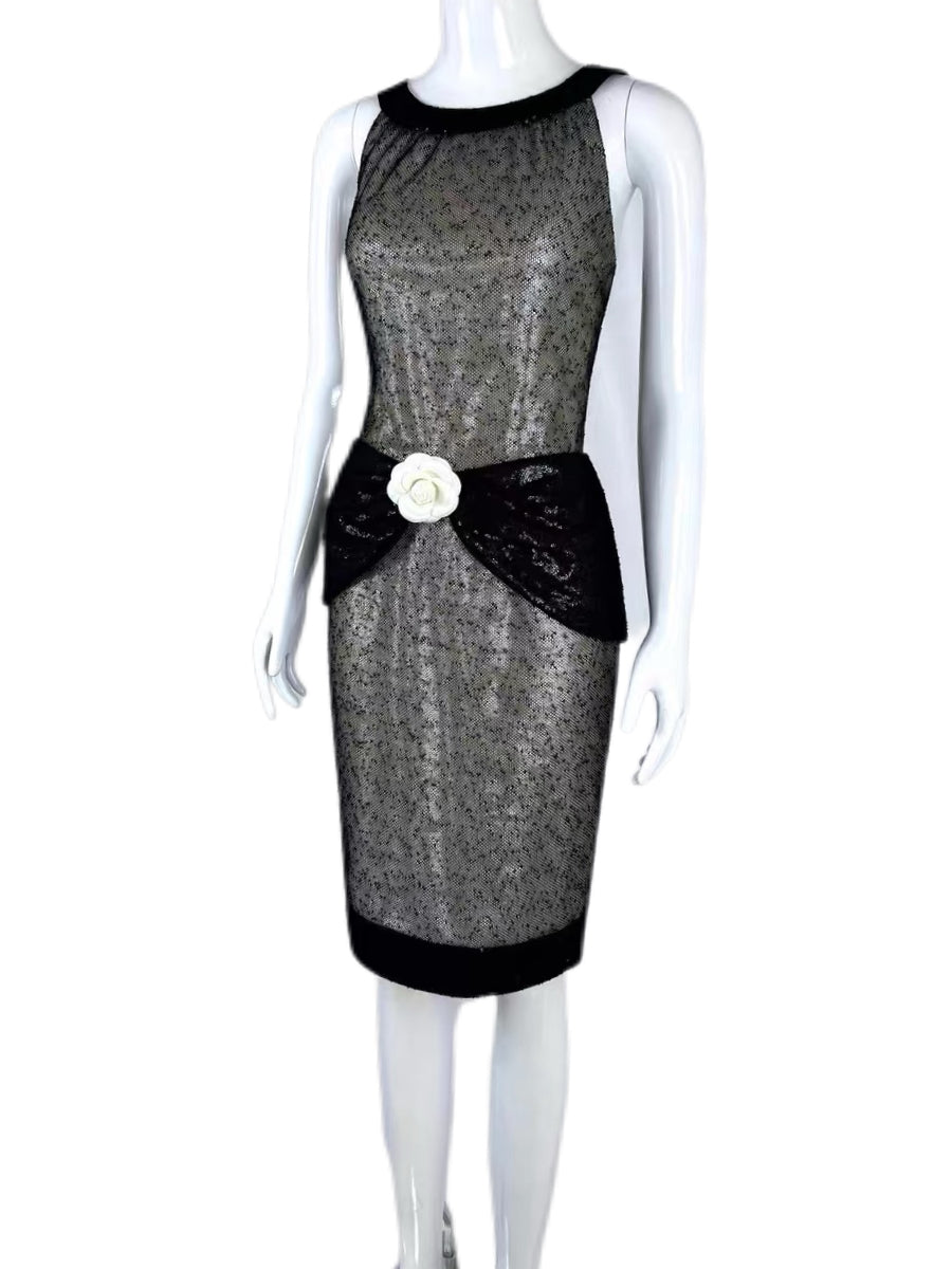 Chanel by Karl Lagerfeld 2009 Cruise Sequin Mesh Camellia Dress – Iconic Bow Detail Cocktail Dress (Size FR38)