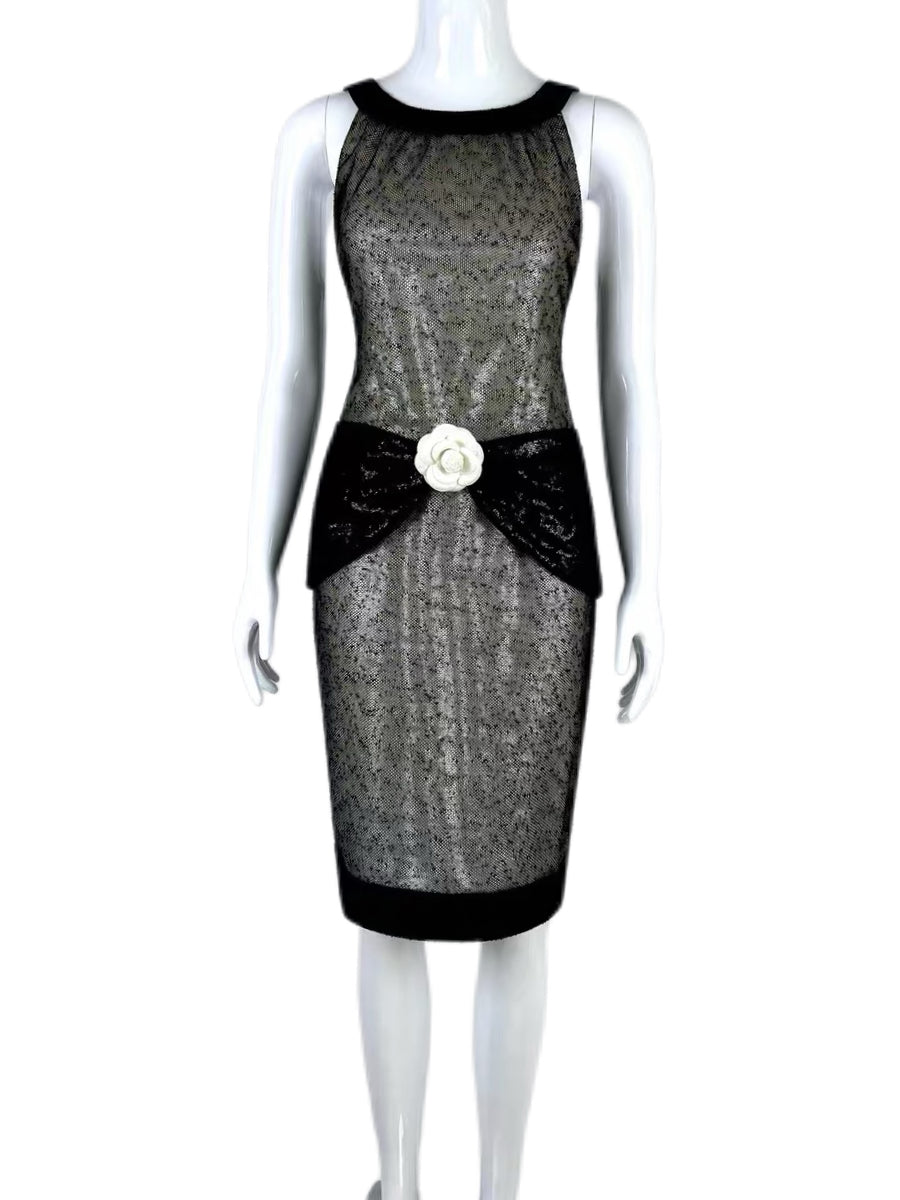 Chanel by Karl Lagerfeld 2009 Cruise Sequin Mesh Camellia Dress – Iconic Bow Detail Cocktail Dress (Size FR38)