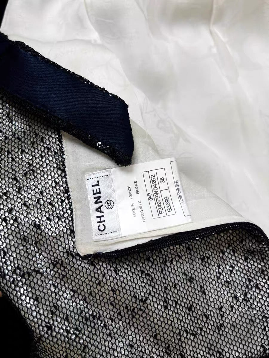 Chanel by Karl Lagerfeld 2009 Cruise Sequin Mesh Camellia Dress – Iconic Bow Detail Cocktail Dress (Size FR38)