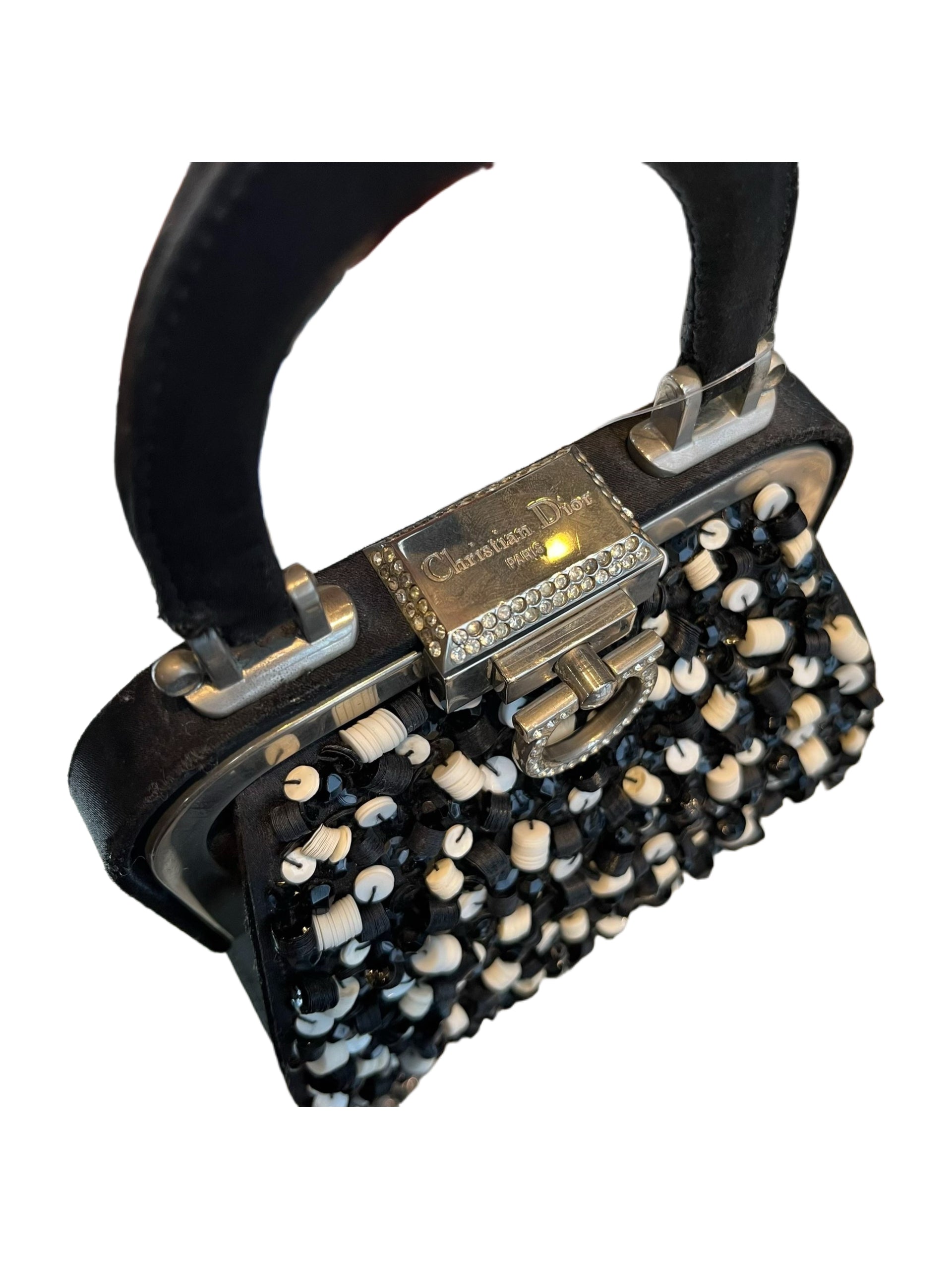 Christian Dior Black & Silver Embroidered Mini Frame Bag – Crystal Clasp Evening Piece