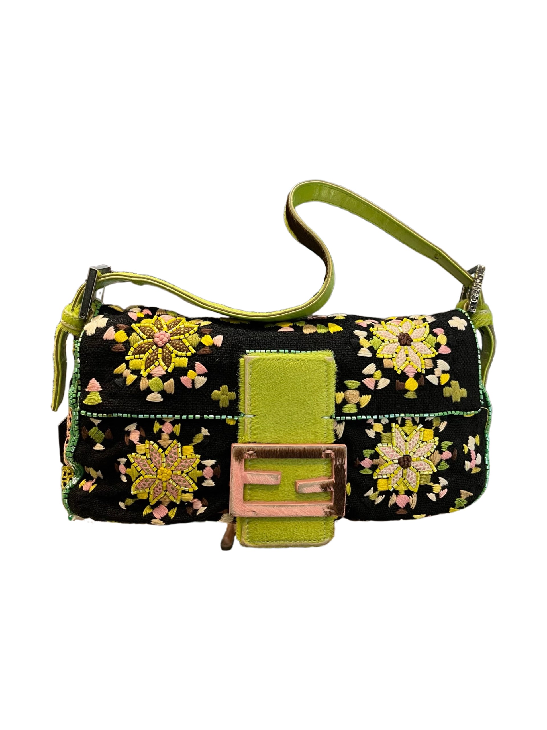 Fendi Floral Embroidered Pony Hair Baguette Bag – Rare Limited Edition Green Accent Piece