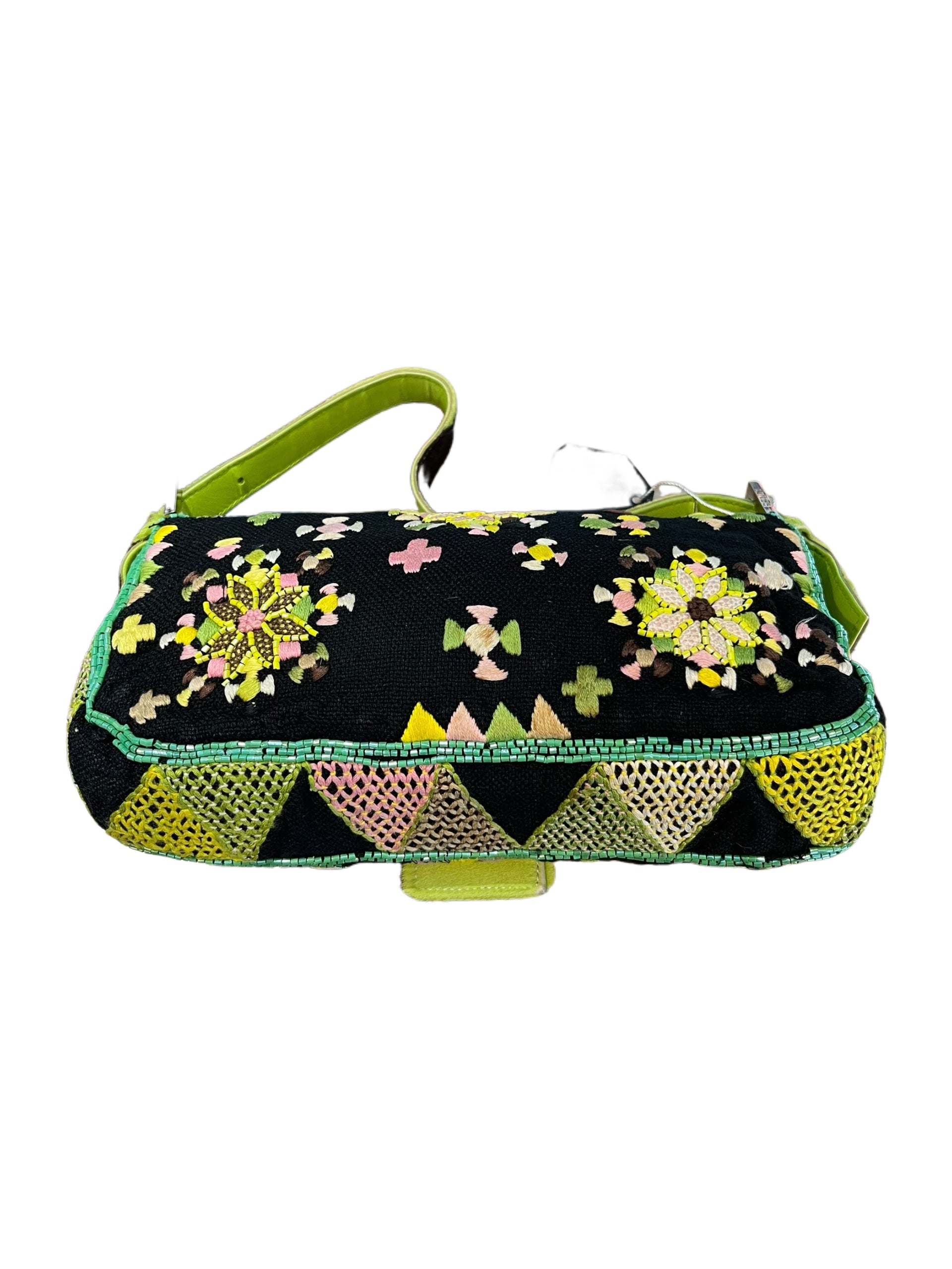 Fendi Floral Embroidered Pony Hair Baguette Bag – Rare Limited Edition Green Accent Piece