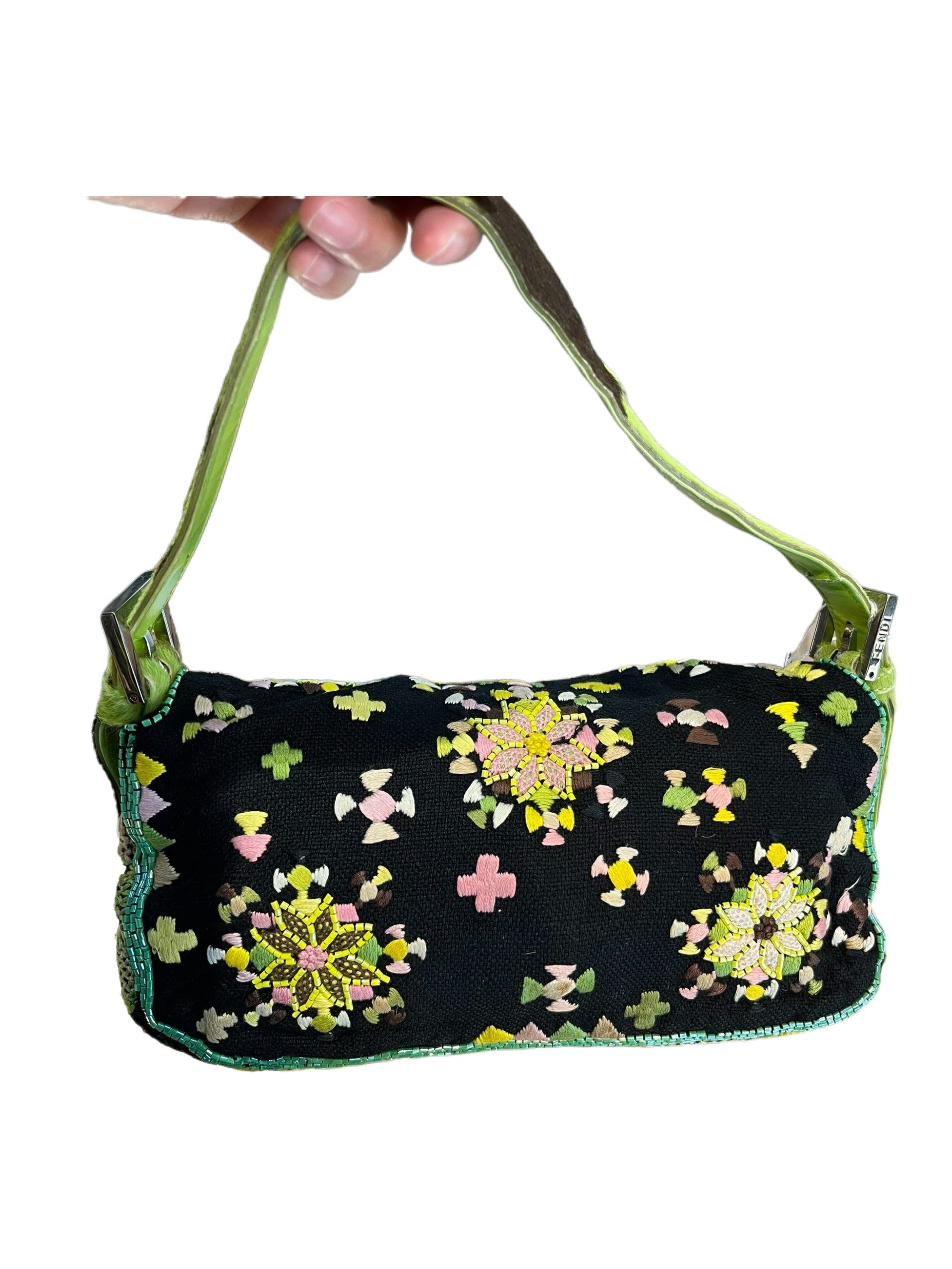 Fendi Floral Embroidered Pony Hair Baguette Bag – Rare Limited Edition Green Accent Piece