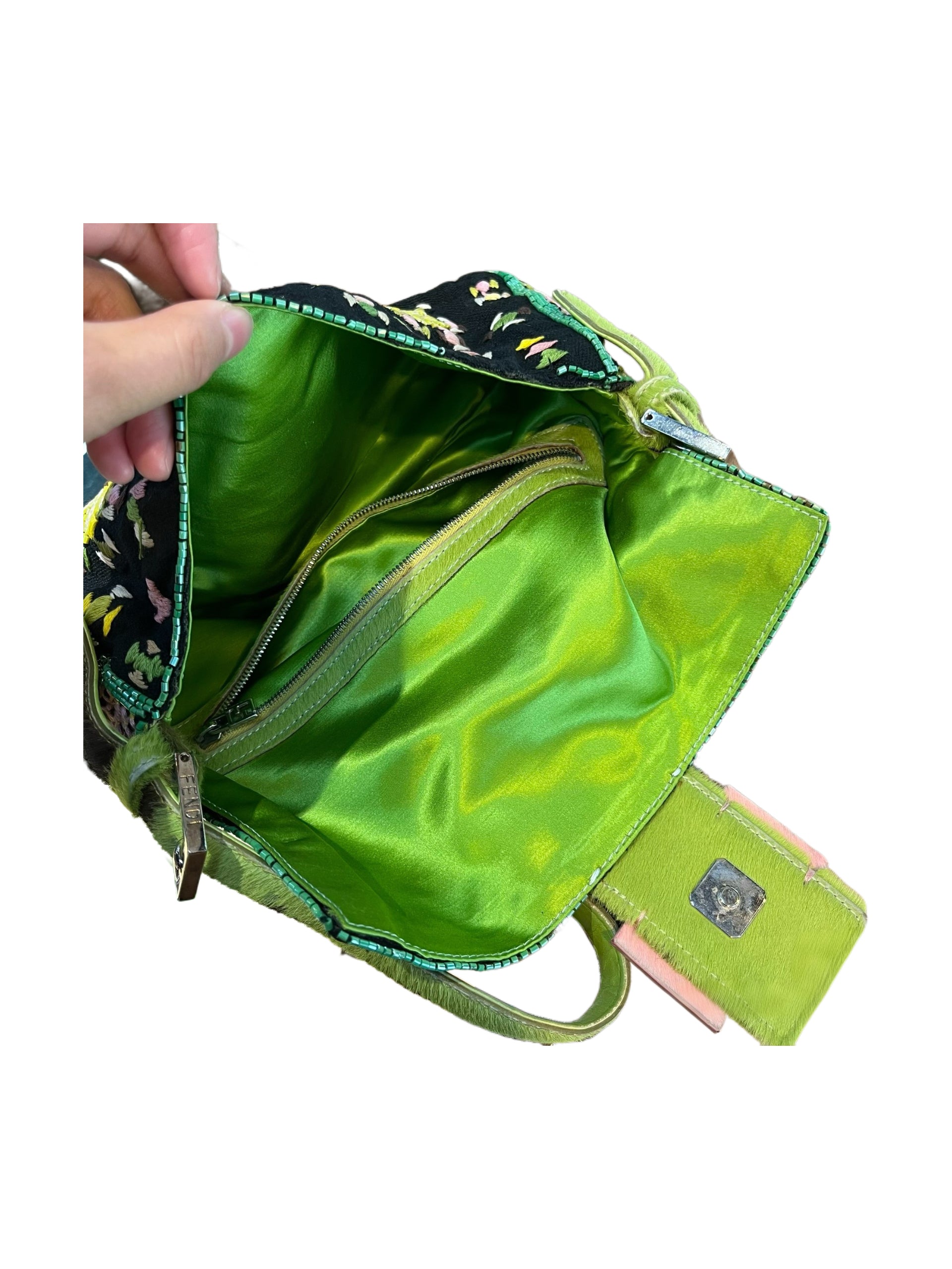 Fendi Floral Embroidered Pony Hair Baguette Bag – Rare Limited Edition Green Accent Piece
