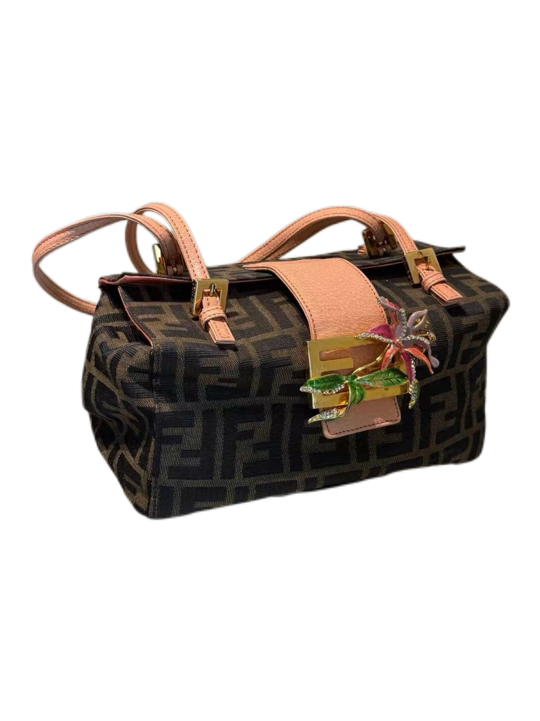 Fendi Vintage Zucca FF Enamel Floral Embellished Box Shoulder Bag