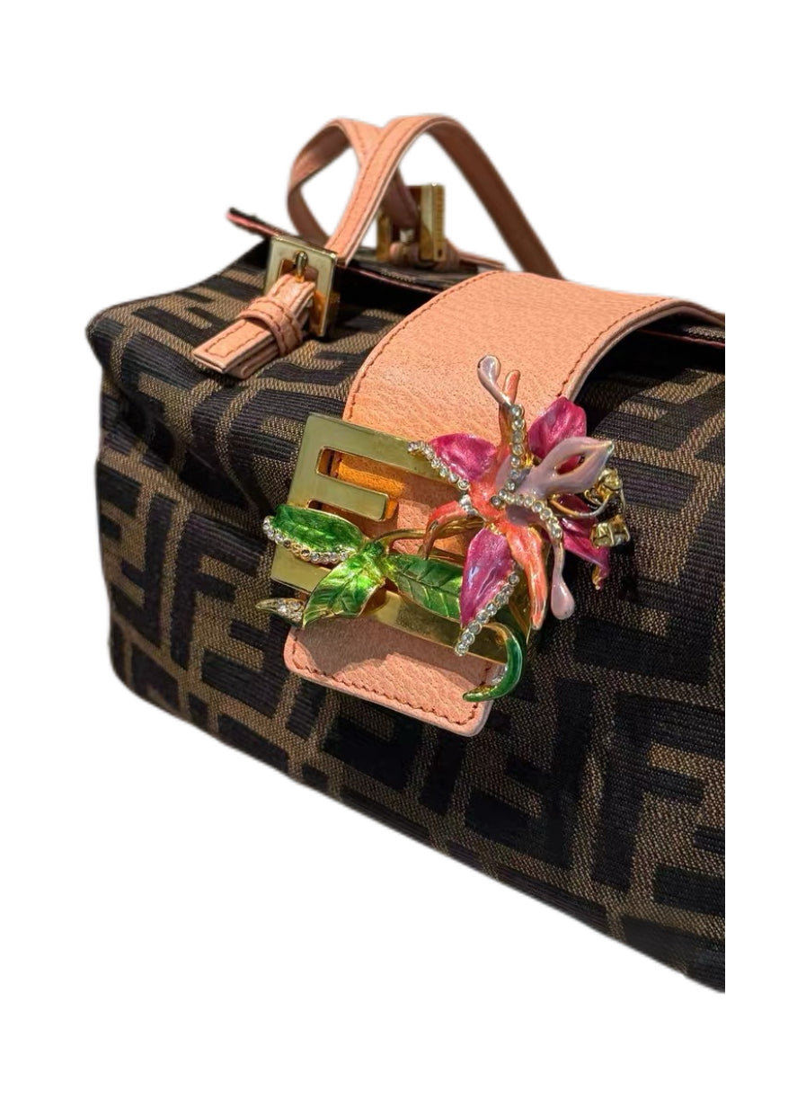 Fendi Vintage Zucca FF Enamel Floral Embellished Box Shoulder Bag