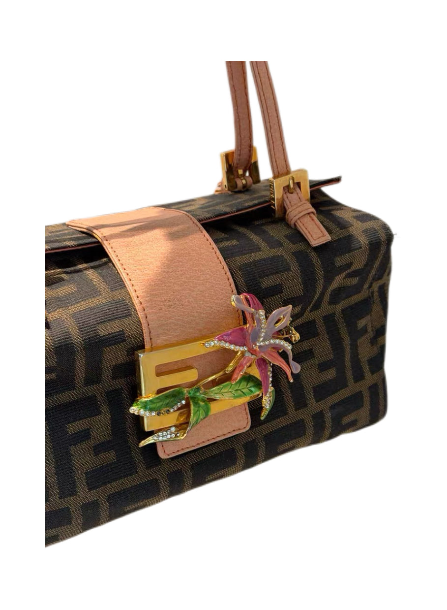 Fendi Vintage Zucca FF Enamel Floral Embellished Box Shoulder Bag