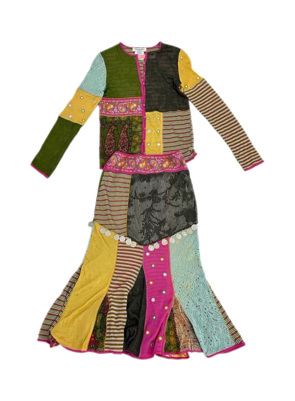 Christian Dior by John Galliano Patchwork Knit Floral Set – Rare Archive Cardigan & Asymmetric Skirt Ensemble