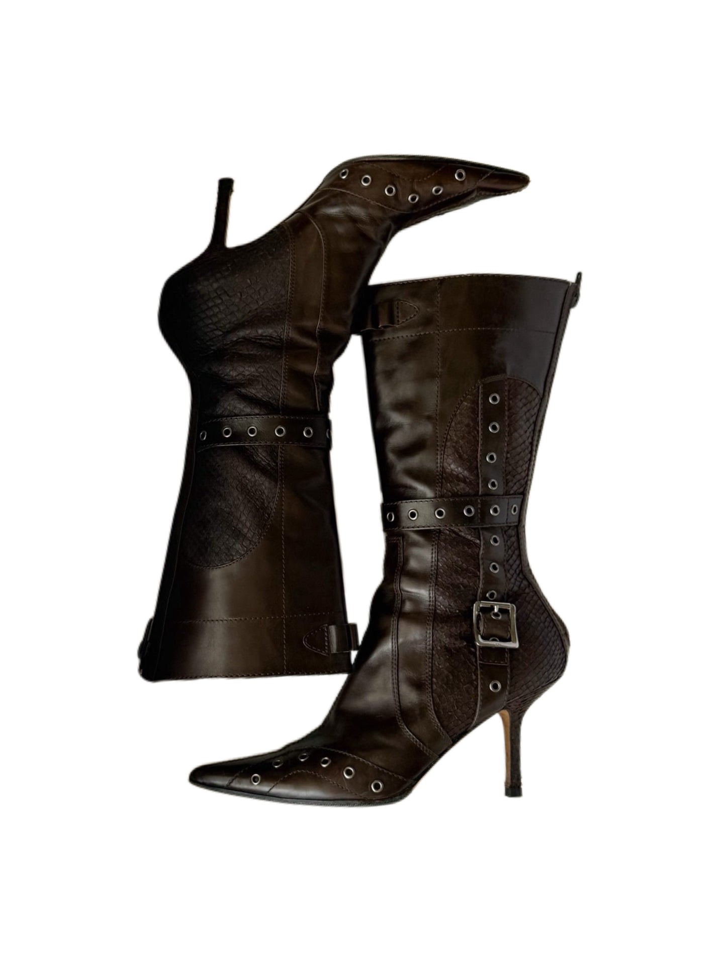 Christian Dior by John Galliano Spring Summer 2002 Punk Studded Pointed Boots – Brown Archive Runway Heels