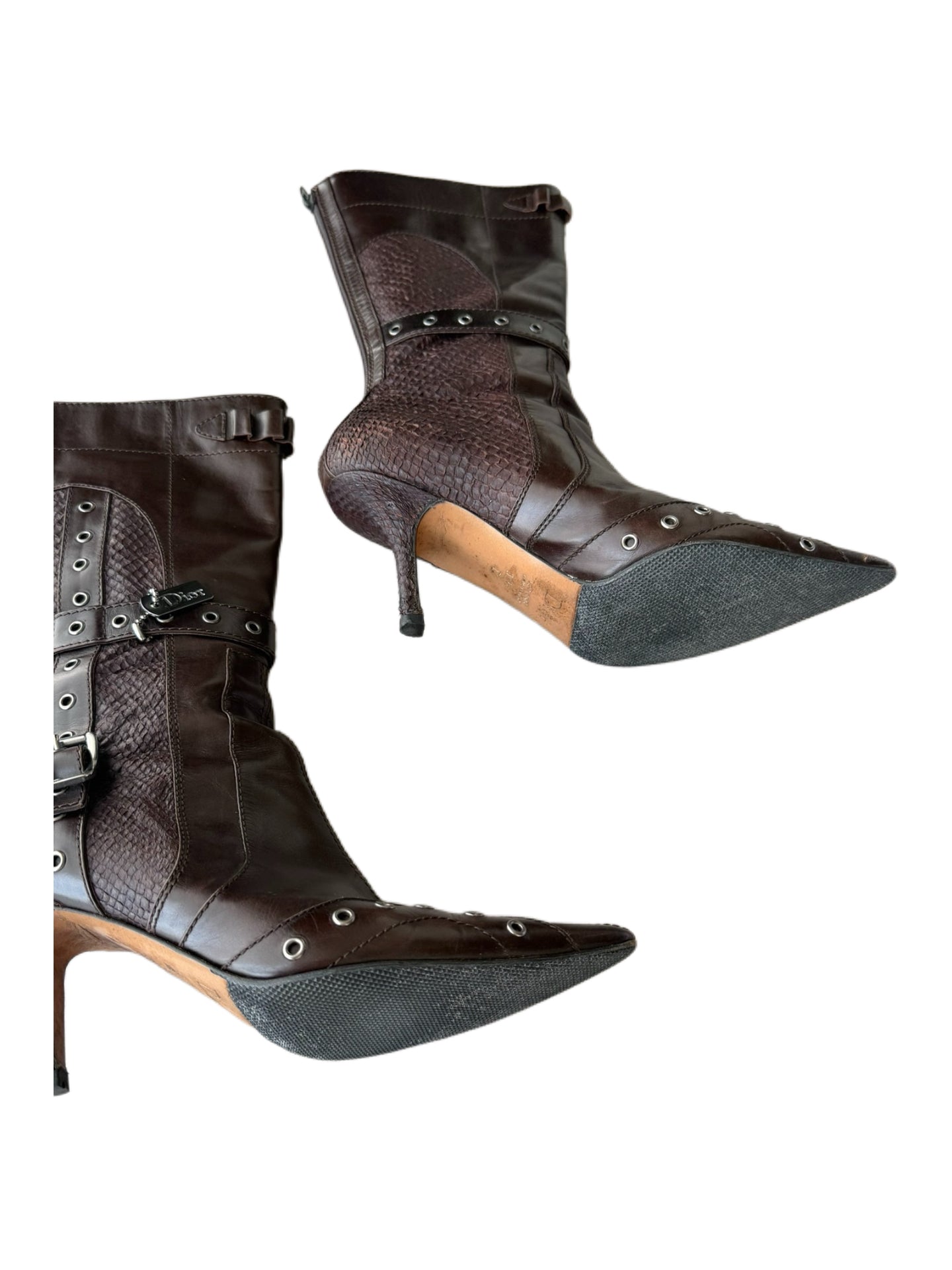 Christian Dior by John Galliano Spring Summer 2002 Punk Studded Pointed Boots – Brown Archive Runway Heels