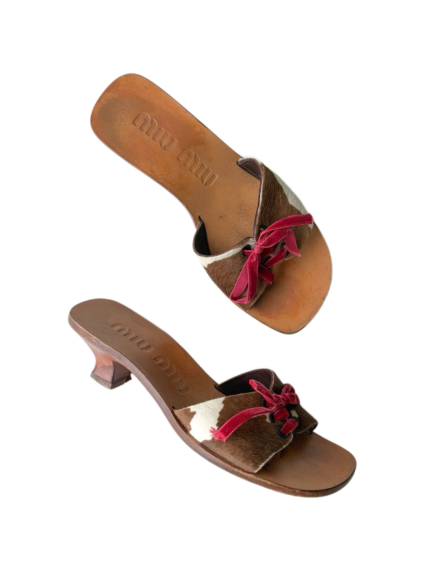 Miu Miu SS1998 Archive Pony Hair Cow Print Mules Pink Velvet Bow Wooden Heel Sandals Rare Size 36