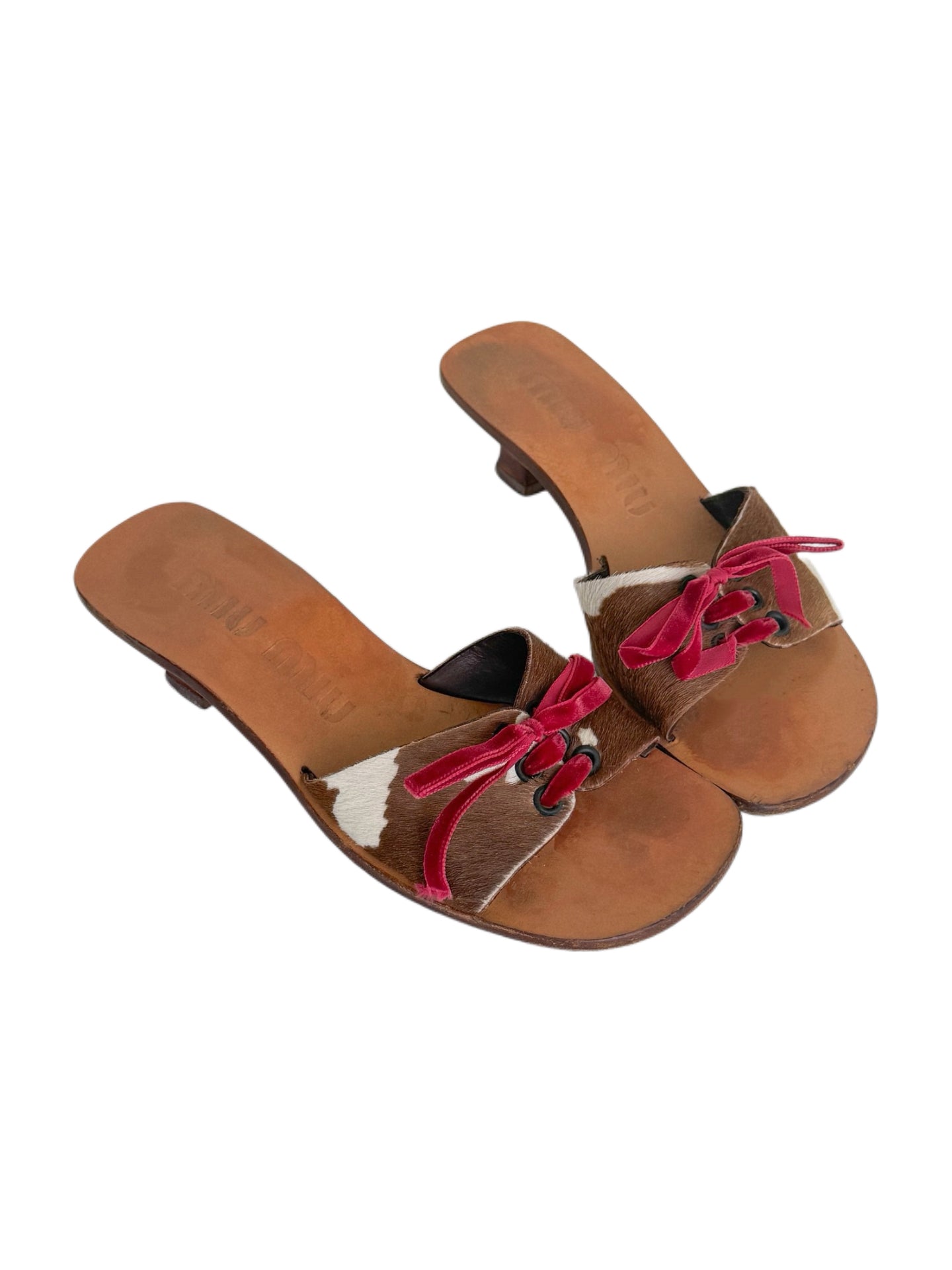 Miu Miu SS1998 Archive Pony Hair Cow Print Mules Pink Velvet Bow Wooden Heel Sandals Rare Size 36