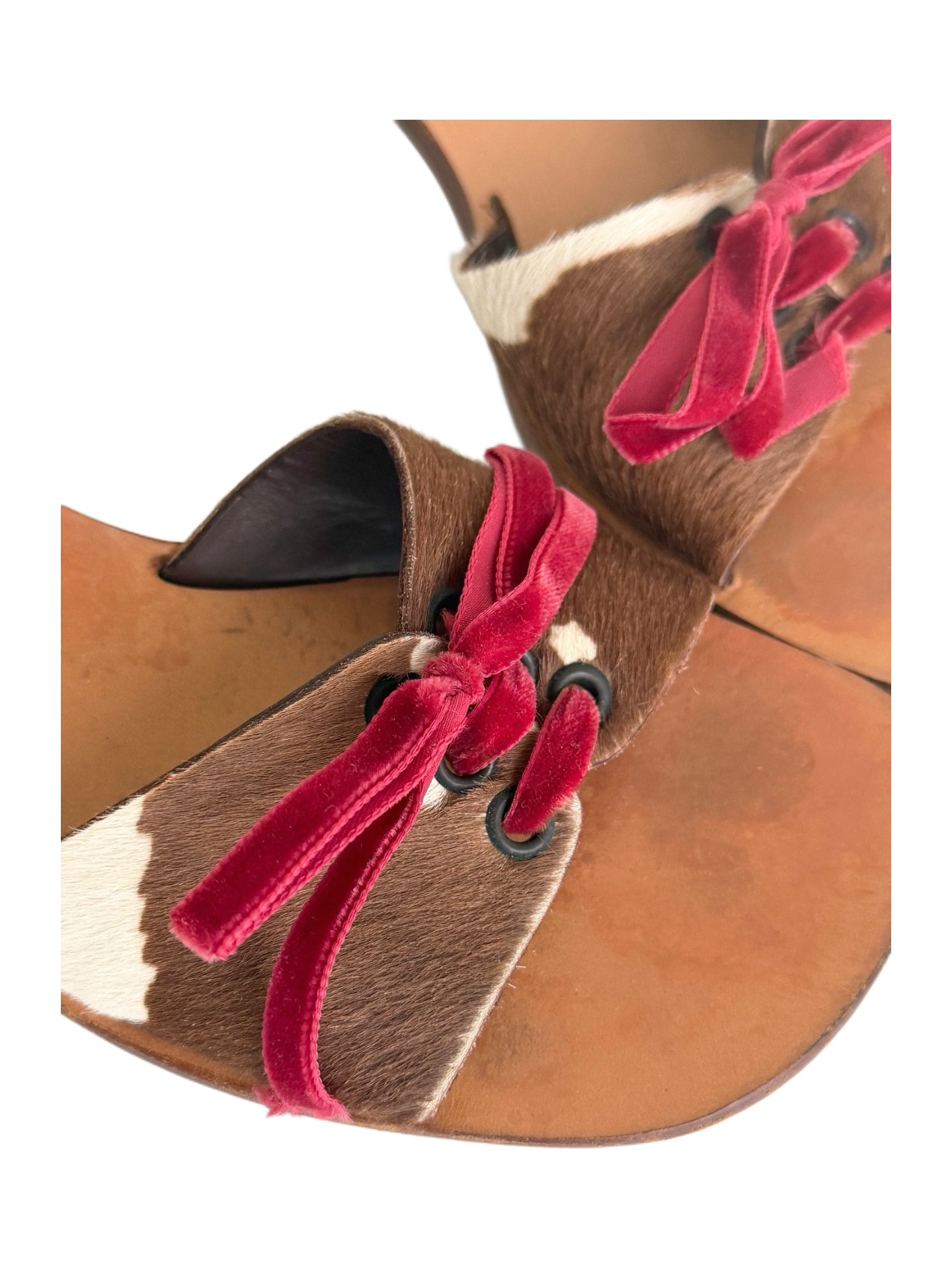 Miu Miu SS1998 Archive Pony Hair Cow Print Mules Pink Velvet Bow Wooden Heel Sandals Rare Size 36