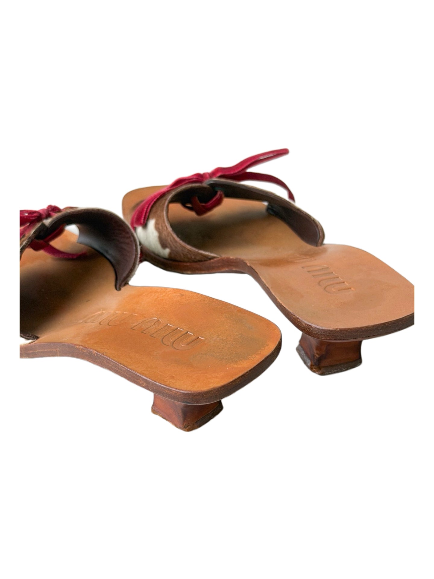 Miu Miu SS1998 Archive Pony Hair Cow Print Mules Pink Velvet Bow Wooden Heel Sandals Rare Size 36