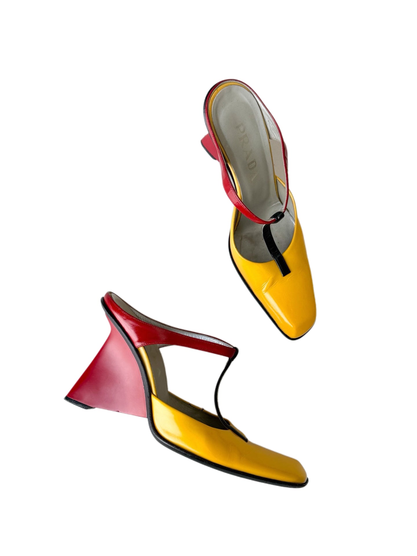 Prada FW1998 Archive Red Yellow Patent Leather Square Toe Sculptural Wedge Mule Heels Rare Runway Size 36.5