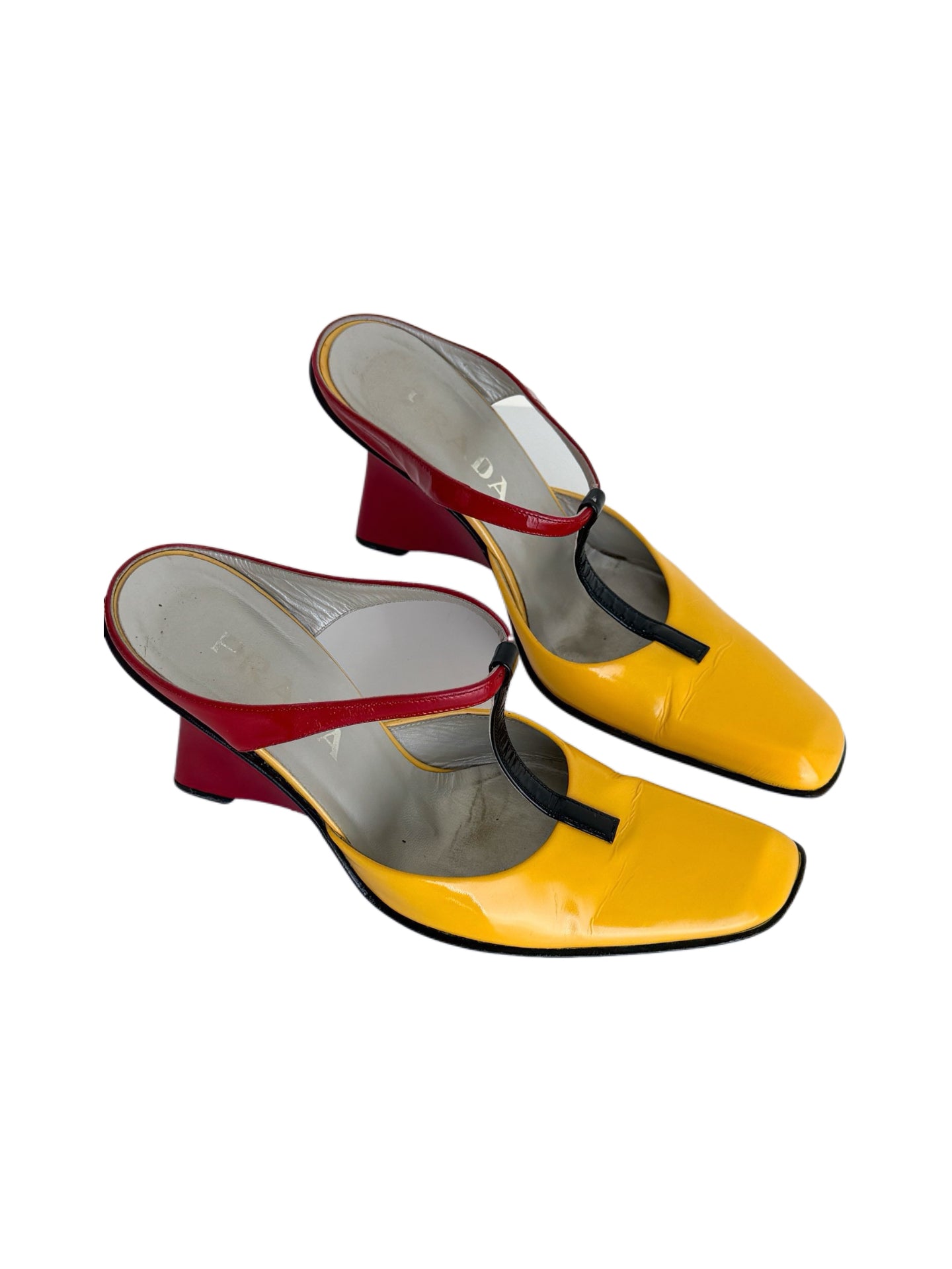 Prada FW1998 Archive Red Yellow Patent Leather Square Toe Sculptural Wedge Mule Heels Rare Runway Size 36.5