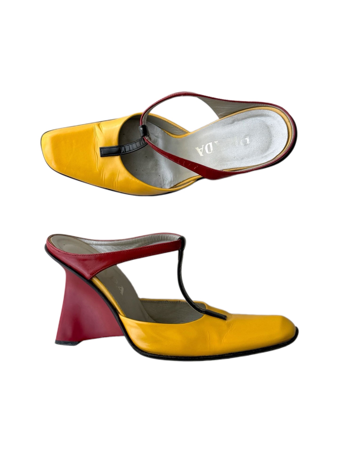 Prada FW1998 Archive Red Yellow Patent Leather Square Toe Sculptural Wedge Mule Heels Rare Runway Size 36.5