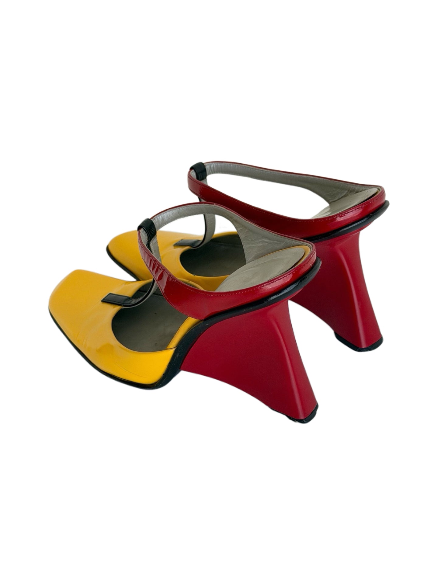 Prada FW1998 Archive Red Yellow Patent Leather Square Toe Sculptural Wedge Mule Heels Rare Runway Size 36.5