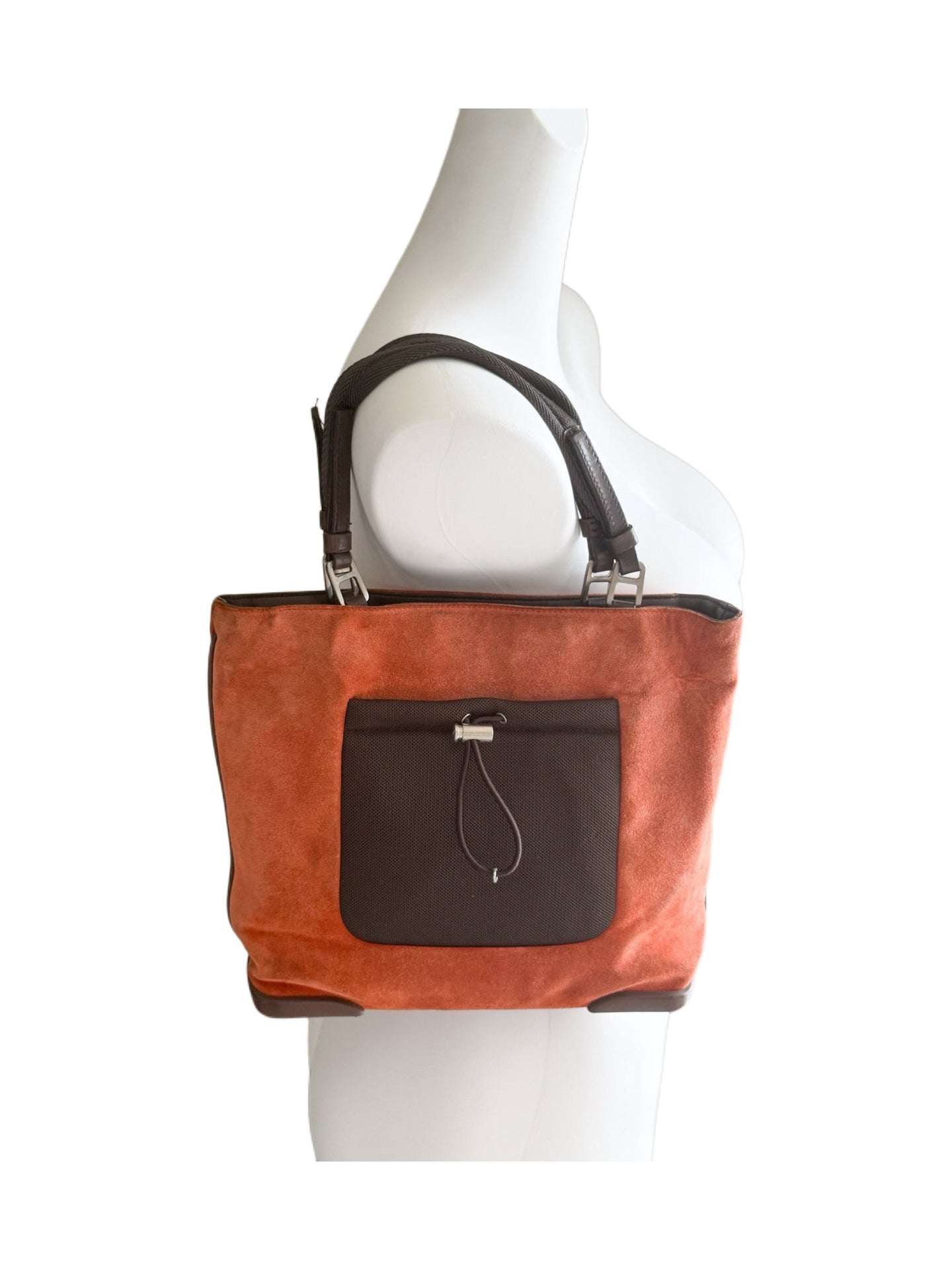 Prada FW1999 Archive Burnt Orange Suede Mesh Pocket Tote Bag Technical Utility Minimalist Handbag