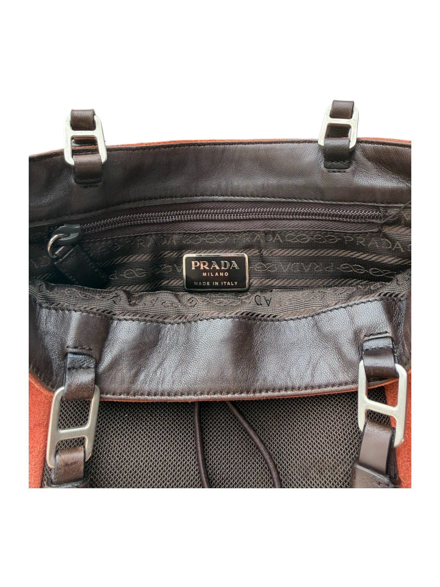 Prada FW1999 Archive Burnt Orange Suede Mesh Pocket Tote Bag Technical Utility Minimalist Handbag