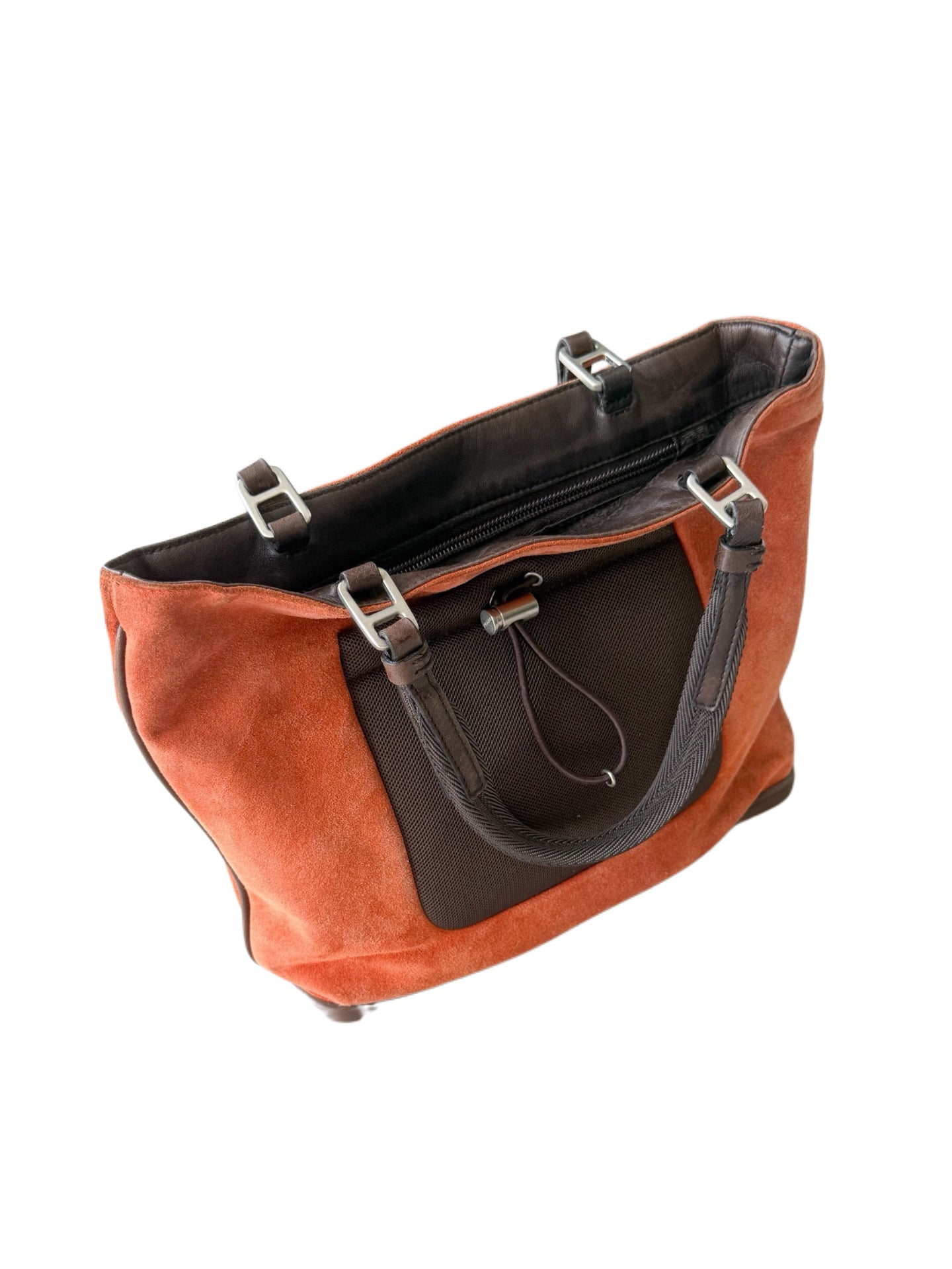 Prada FW1999 Archive Burnt Orange Suede Mesh Pocket Tote Bag Technical Utility Minimalist Handbag