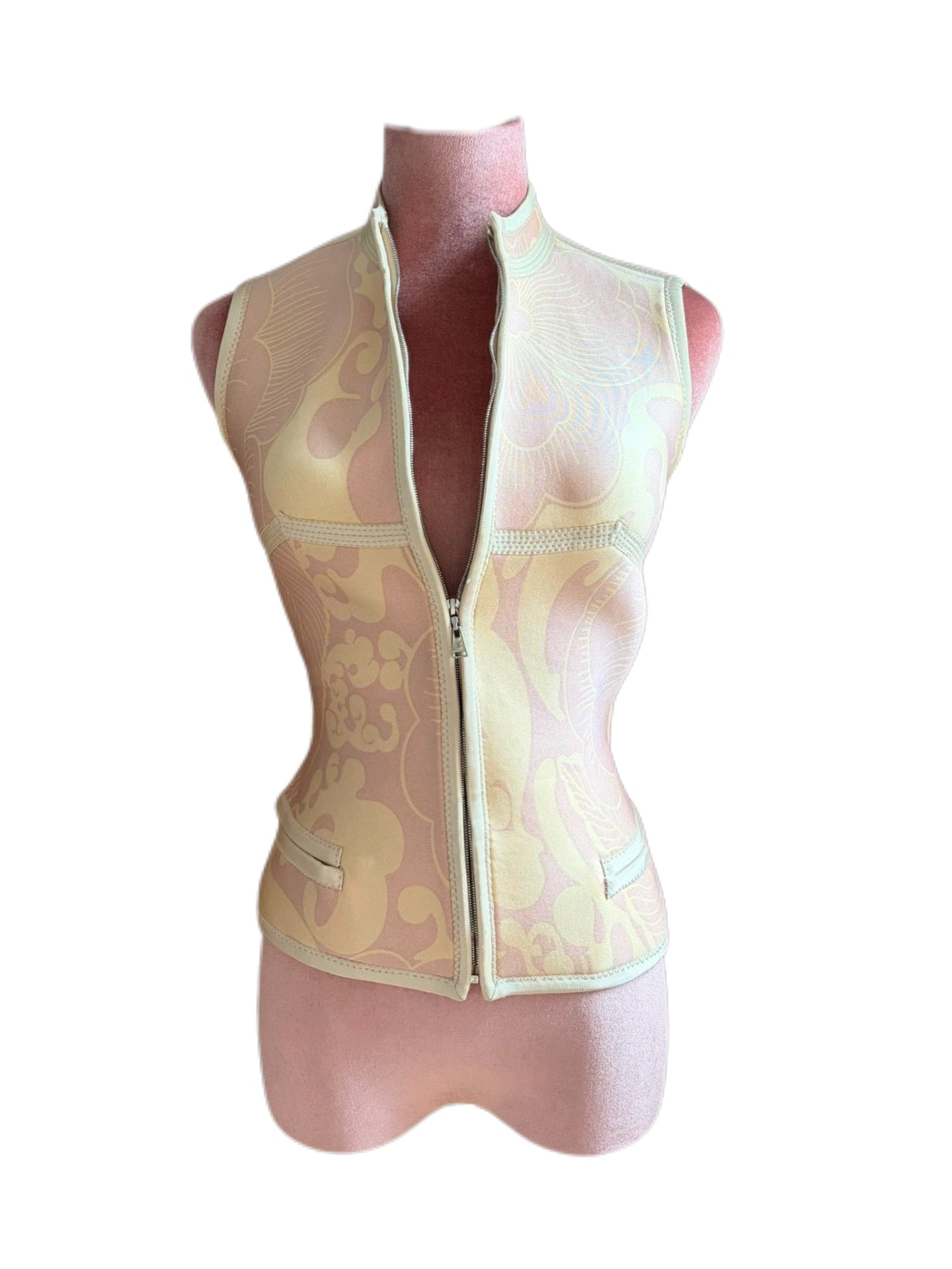 Louis Vuitton S/S 2003 Runway Floral Print Technical Stretch Open Back Top – Rare Archive Sculptural Zip Vest by Marc Jacobs