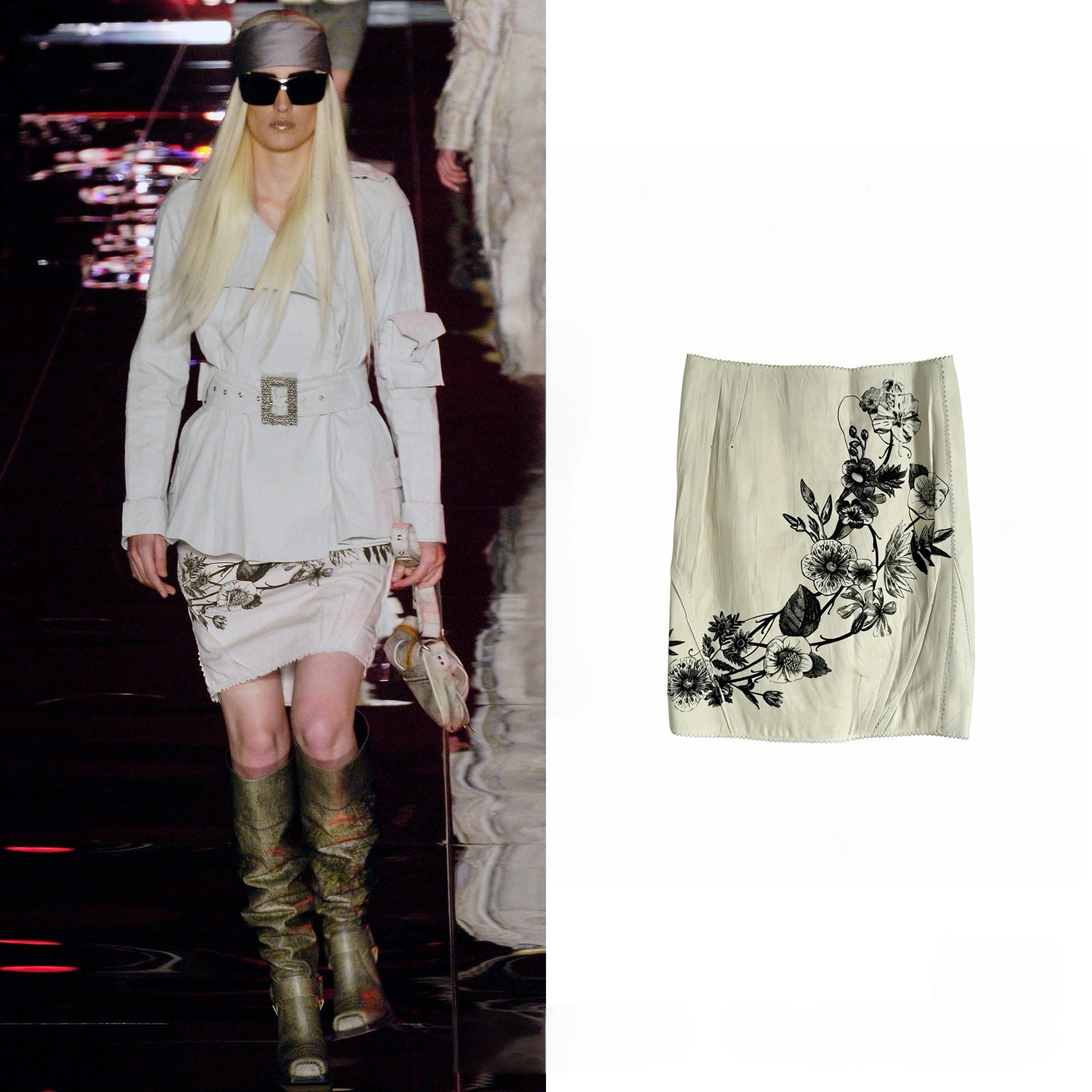 Christian Dior by John Galliano Fall/Winter 2006 Runway White Lambskin Floral Print Skirt – Rare Archive Leather Piece