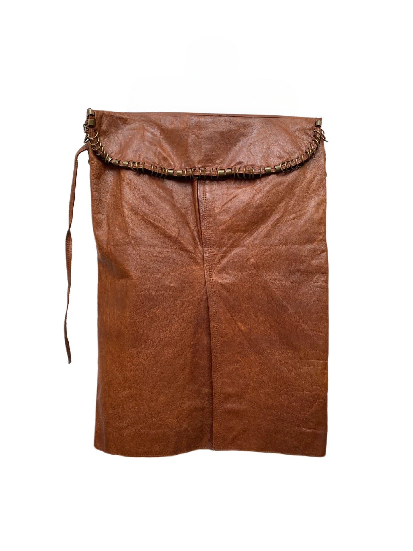 Yves Saint Laurent by Tom Ford 2002 Runway Brown Leather Ring-Detail Skirt Metal Hardware Lace-Up Adjustable Rare Archive Piece