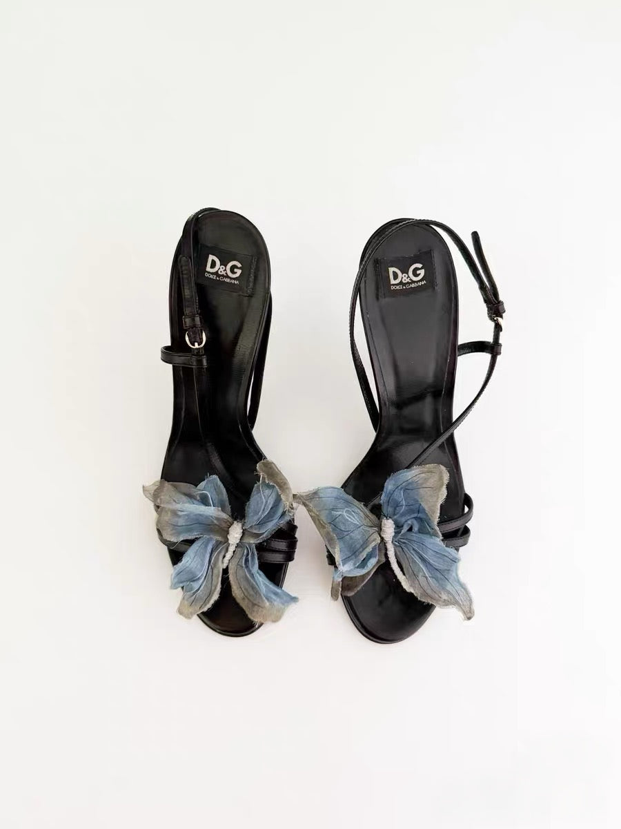 Dolce & Gabbana 1998 Runway Butterfly Silk Appliqué Heeled Sandals – Rare Vintage Strappy Stiletto Heels (Size 37.5)