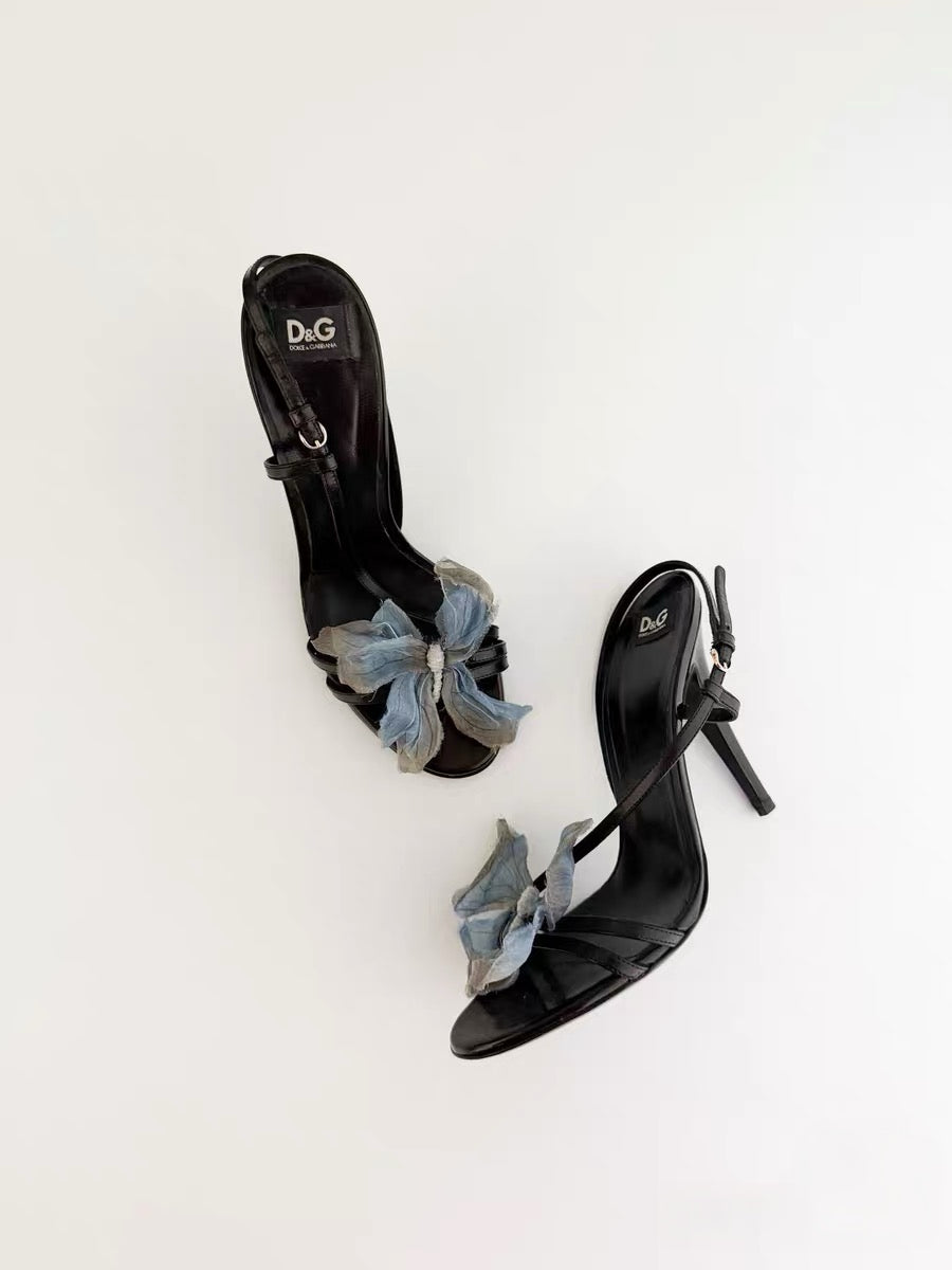 Dolce & Gabbana 1998 Runway Butterfly Silk Appliqué Heeled Sandals – Rare Vintage Strappy Stiletto Heels (Size 37.5)