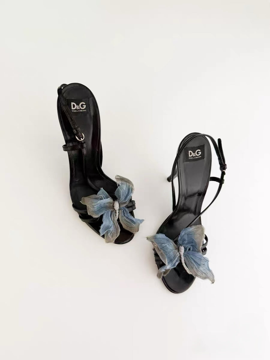 Dolce & Gabbana 1998 Runway Butterfly Silk Appliqué Heeled Sandals – Rare Vintage Strappy Stiletto Heels (Size 37.5)
