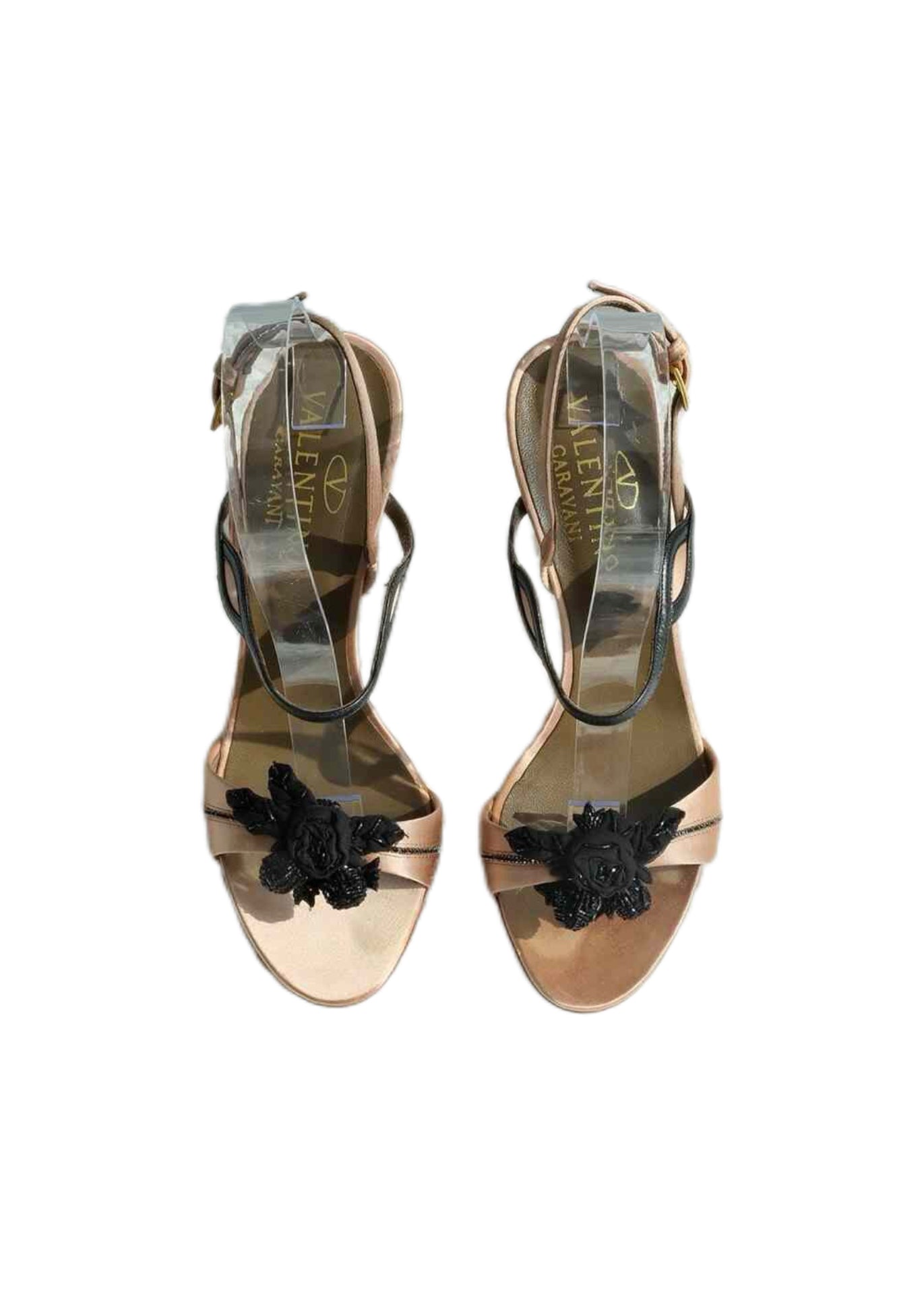 Valentino Garavani Satin Black Beaded Floral Heeled Sandals – Vintage Couture Rose Detail Heels (Size 37)