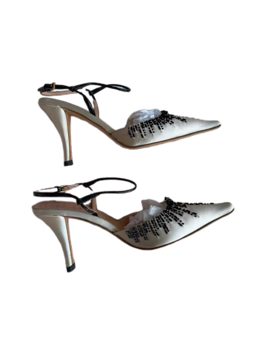 Prada Satin Crystal Embellished Slingback Heels – Vintage Beaded Pointed Toe Pumps (Size 36.5, 8cm Heel)