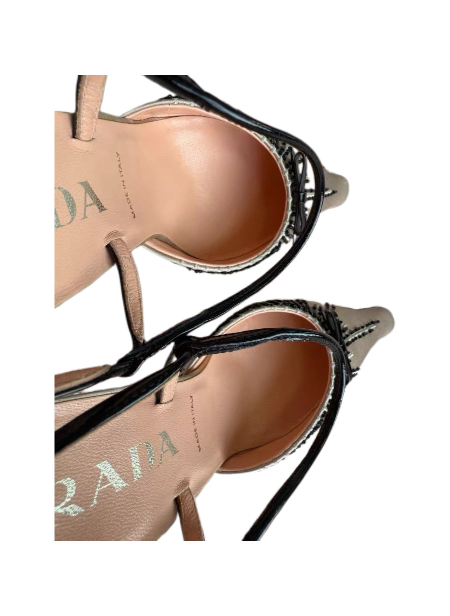 Prada Satin Crystal Embellished Slingback Heels – Vintage Beaded Pointed Toe Pumps (Size 36.5, 8cm Heel)