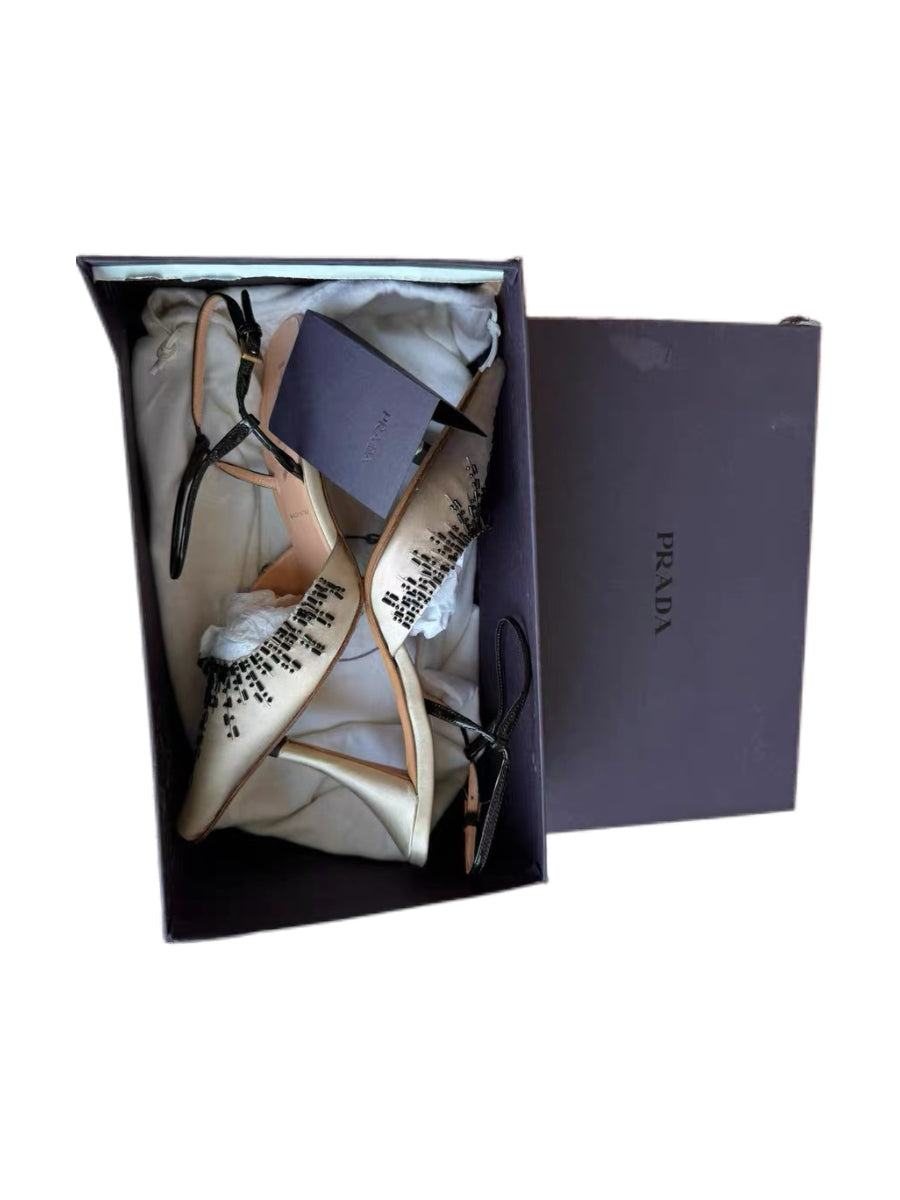 Prada Satin Crystal Embellished Slingback Heels – Vintage Beaded Pointed Toe Pumps (Size 36.5, 8cm Heel)